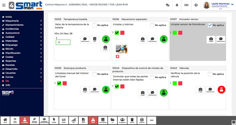 Módulo de calidad del sistema MES con controles de proceso, verificación de parámetros de máquina, checks OK/NOK y registro visual de incidencias en línea de producción.