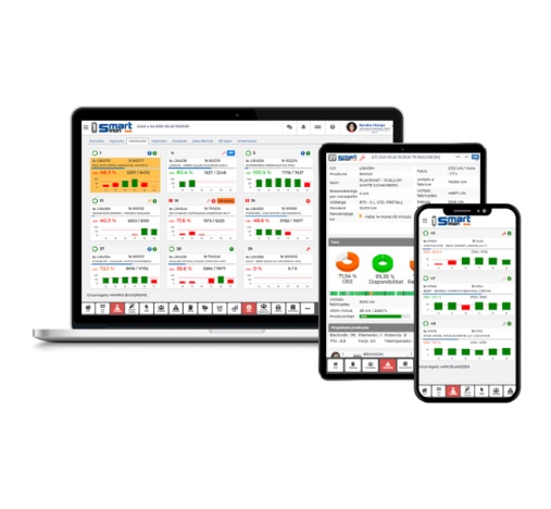 Portátil, tablet y móvil mostrando el panel SmartMon (MES/OEE) con tarjetas de producción y estados de máquina.
La interfaz incluye porcentajes, gráficas y barras en verde y rojo para seguimiento en tiempo real.
Vista responsive del sistema en varios dispositivos sobre fondo blanco.
