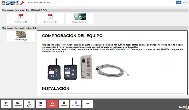 Pantalla del módulo de documentación con archivos por sección y máquina.
Muestra un visor de documento con instrucciones de comprobación e instalación del equipo.
Incluye accesos a manuales, presentaciones y otros recursos desde la interfaz.
