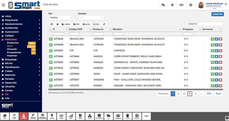 Pantalla del módulo de órdenes de fabricación con listado de lotes.
Muestra una tabla con código ERP, producto, nombre, progreso y acciones por cada orden.
Incluye menú lateral de navegación y opciones de exportación y búsqueda.
