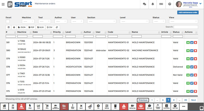 Módulo de mantenimiento MES con gestión de órdenes de trabajo, averías, mantenimiento preventivo y correctivo, y seguimiento del estado de máquinas.