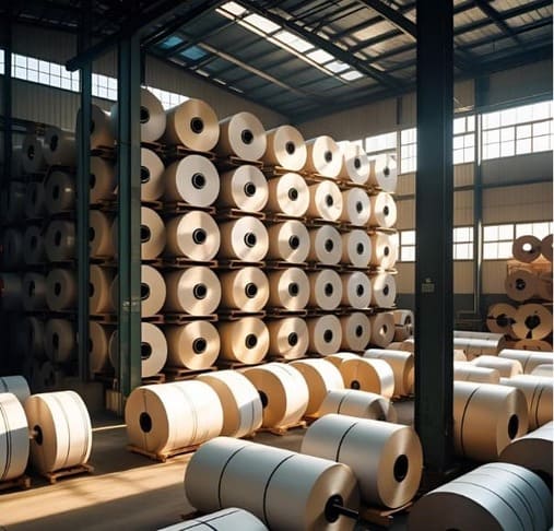 Almacén industrial con grandes bobinas de papel apiladas en varias alturas.
Se ven rollos de papel en el suelo y estanterías con múltiples bobinas alineadas.
La nave está iluminada por luz natural que entra por ventanales superiores.
