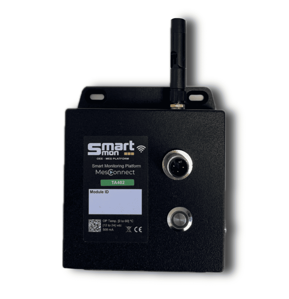 Módulo WiFi SmartMon TA402 en carcasa negra, con antena superior y conectores frontales.
Incluye etiqueta identificativa con el logo SmartMon, datos del equipo y código QR.
Fotografía del dispositivo aislado sobre fondo claro para presentación de producto.
